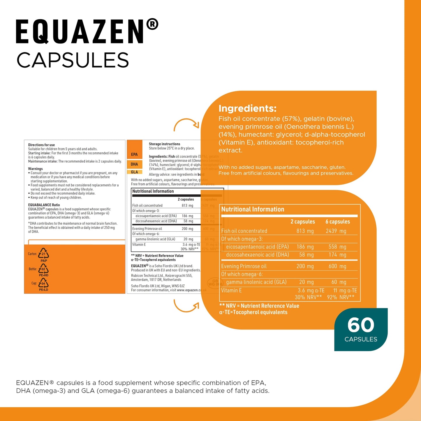EQUAZEN Capsules | Omega 3 & 6 Fish Oil Supplement | Supports Brain Function | Blend of DHA, EPA & GLA | Suitable for Children 5+ to Adults