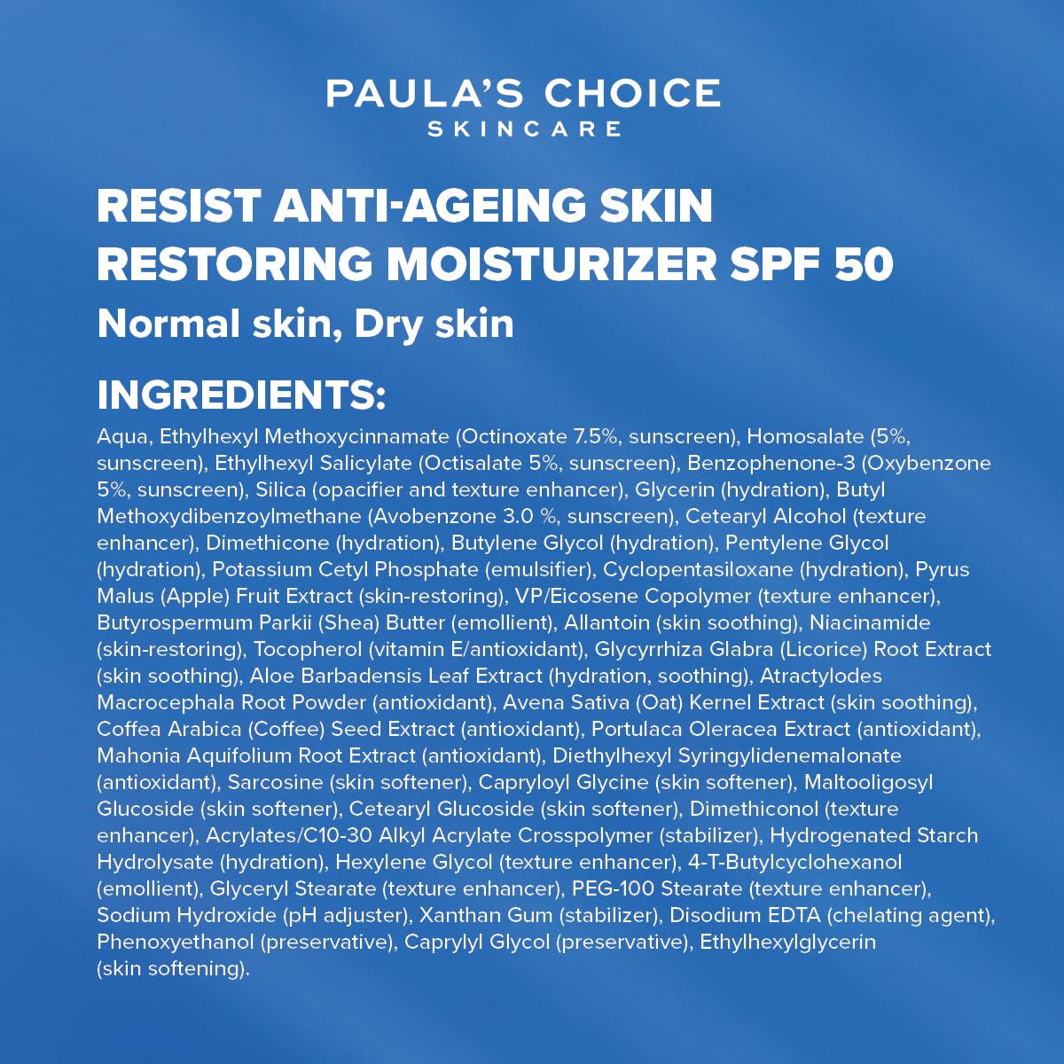 Paula's Choice RESIST Anti Aging Skin Restoring Moisturiser SPF 50 - Hydrates Dry Skin - Protects from Sun Damage - Reduces Brown Spots - with Shea Butter & Niacinamide - Normal to Dry Skin - 60 ml