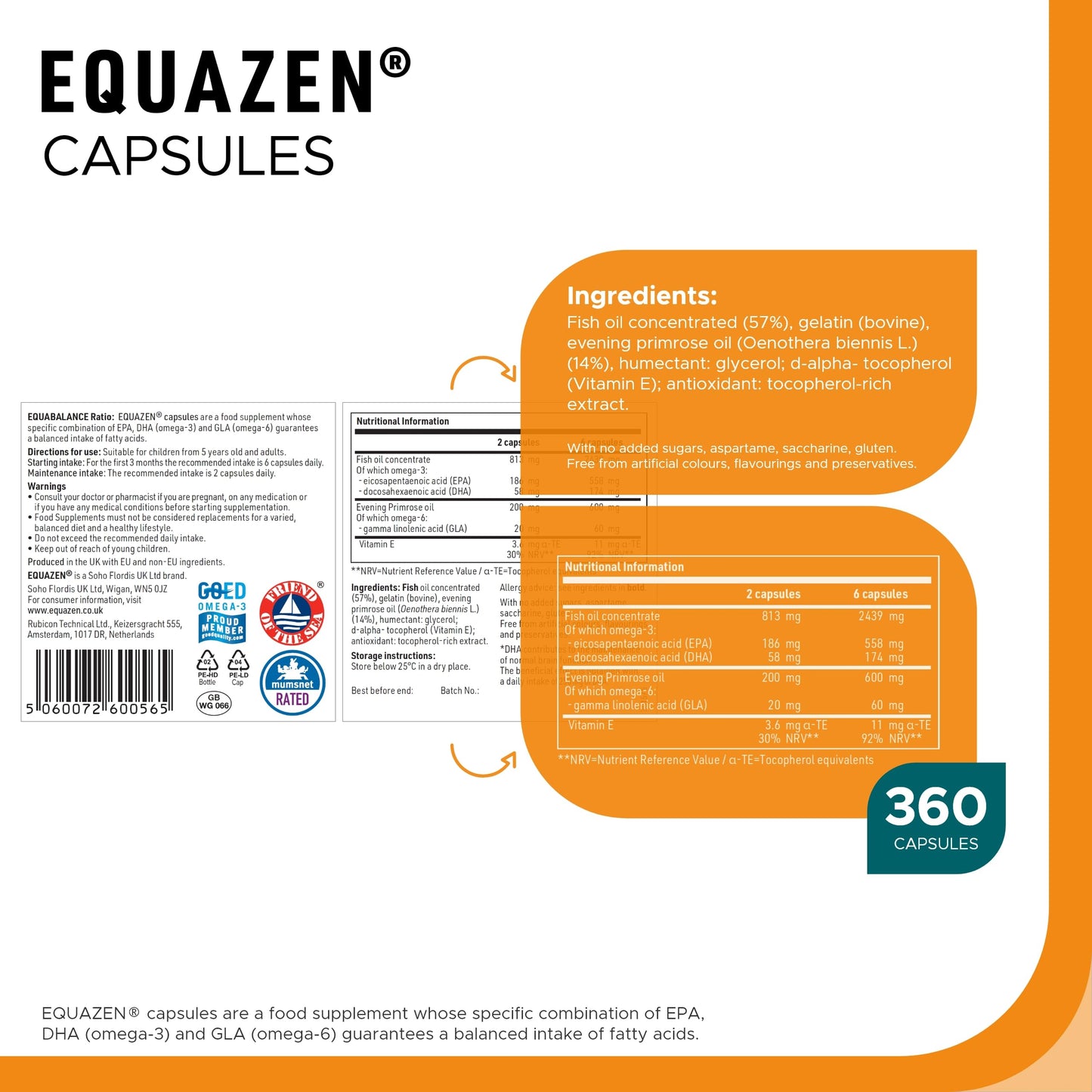 EQUAZEN Capsules | Omega 3 & 6 Fish Oil Supplement | Supports Brain Function | Blend of DHA, EPA & GLA | Suitable for Children 5+ to Adults