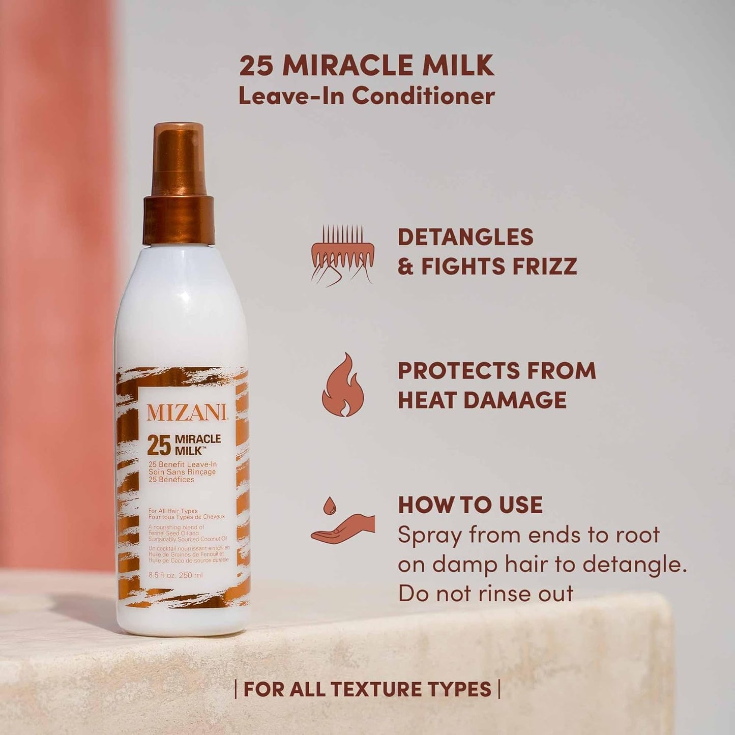 Mizani Leave-In Conditioner, For All Hair Types and Textures, Repairing and Detangling, Infused with Coconut and Fennel Seed Oil, 25 Miracle Milk, 400ml