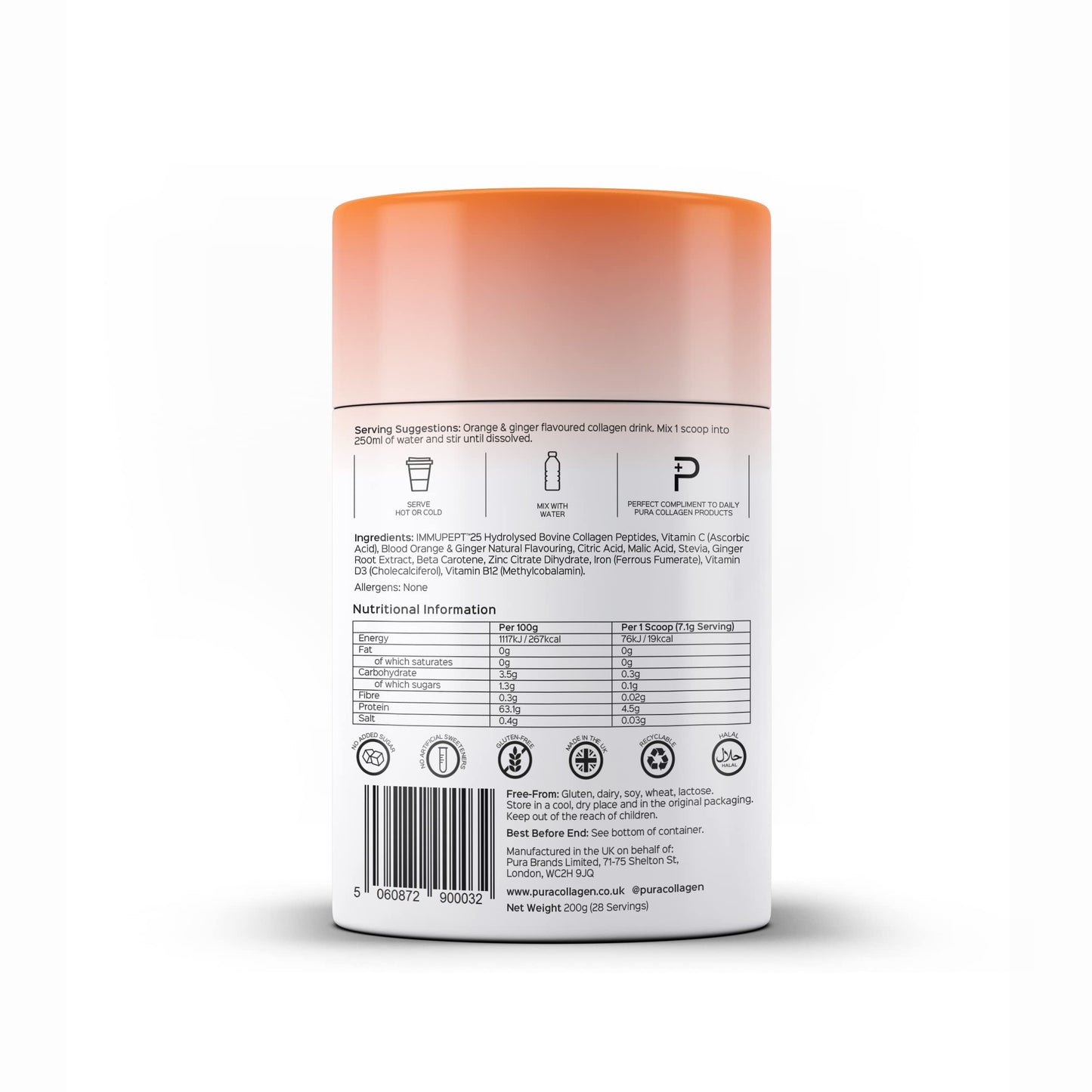 Pura Collagen Powdered Supplement (Protect) 5,000mg Bioactive Collagen PeptidesĀ® with Added Vitamin B12, Vitamin D3 and Natural Ginger Root Extract